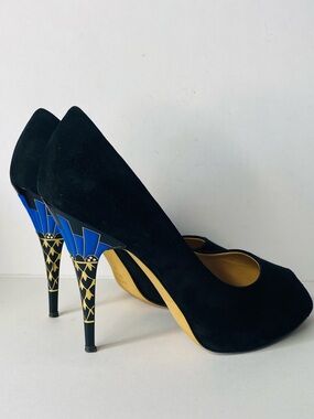 Giuseppe Zanotti Black Suede Pumps with Blue & Gold Patterned Heels